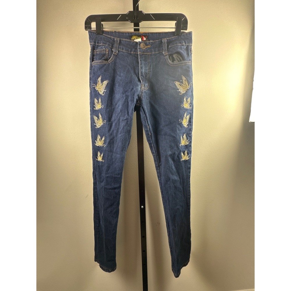 Boayo Jeans Wear Women Dark Wash Gold Butterfly Embroidered Skinny Jeans 9/10